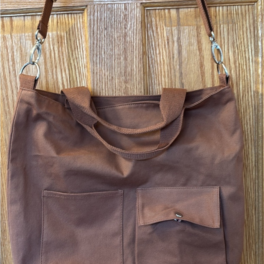 Brown Canvas Tote Bag with Front Pockets